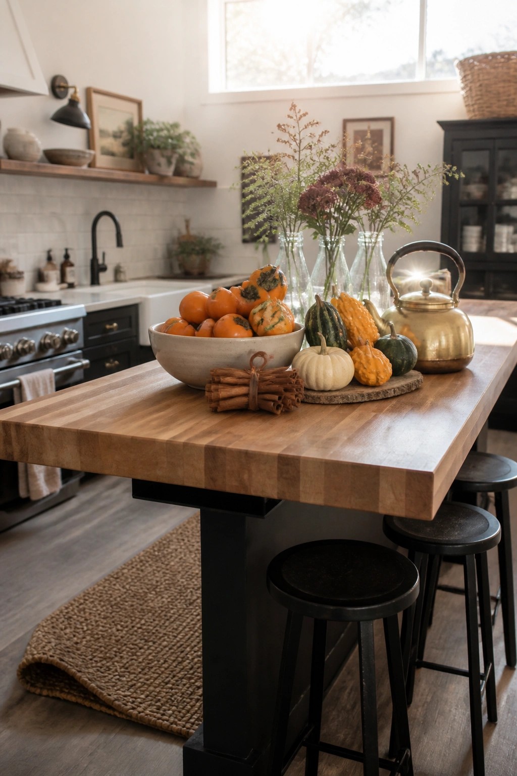 A wooden kitchen island topped with a bowl of oranges, small pumpkins and gourds, cinnamon sticks, and flowers in glass bottles, with black stools underneath.