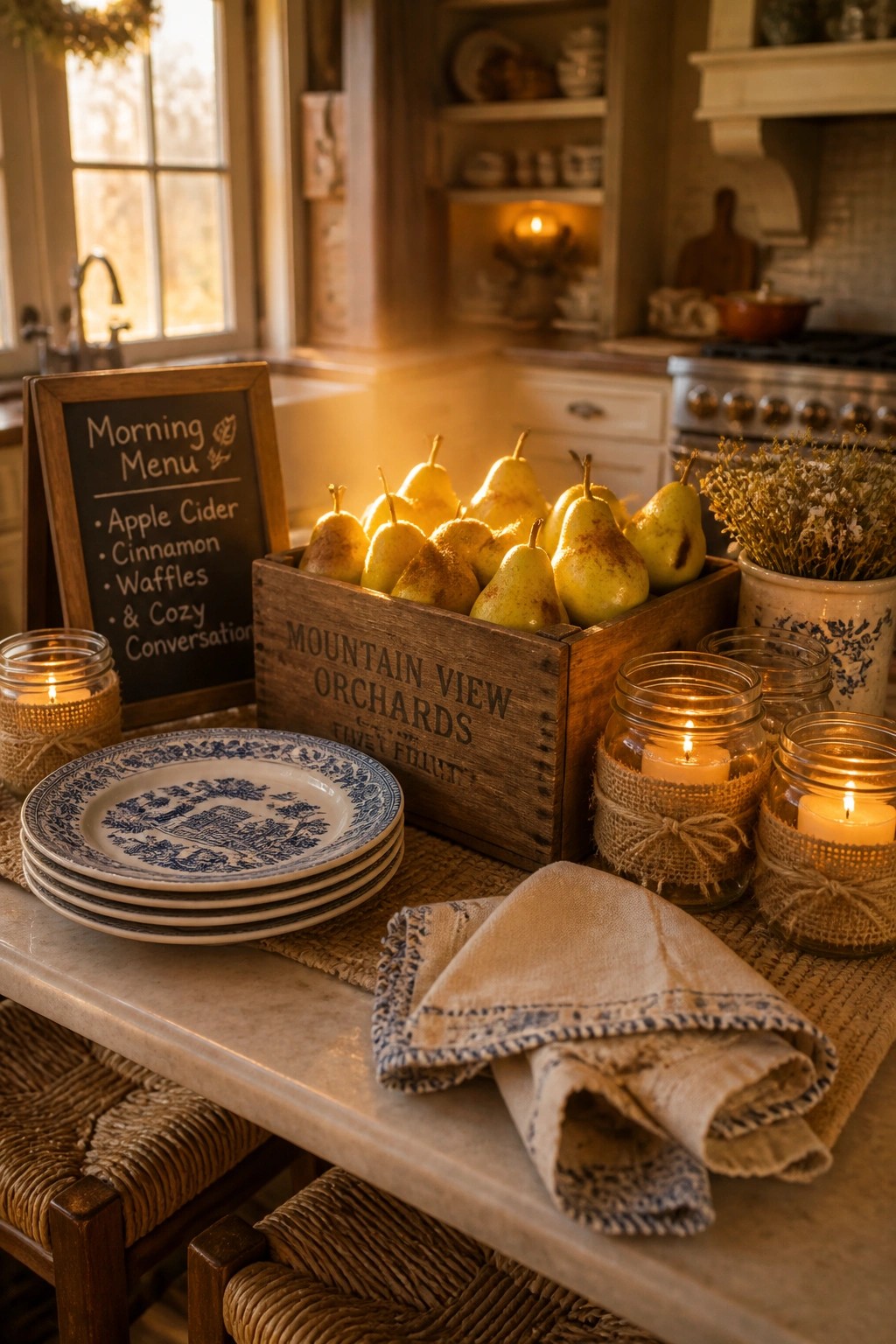 A kitchen counter featuring a wooden crate labeled Mountain View Orchards filled with pears, surrounded by lit candles in mason jars, stacked blue and white plates, a chalkboard menu, and a folded cloth napkin.