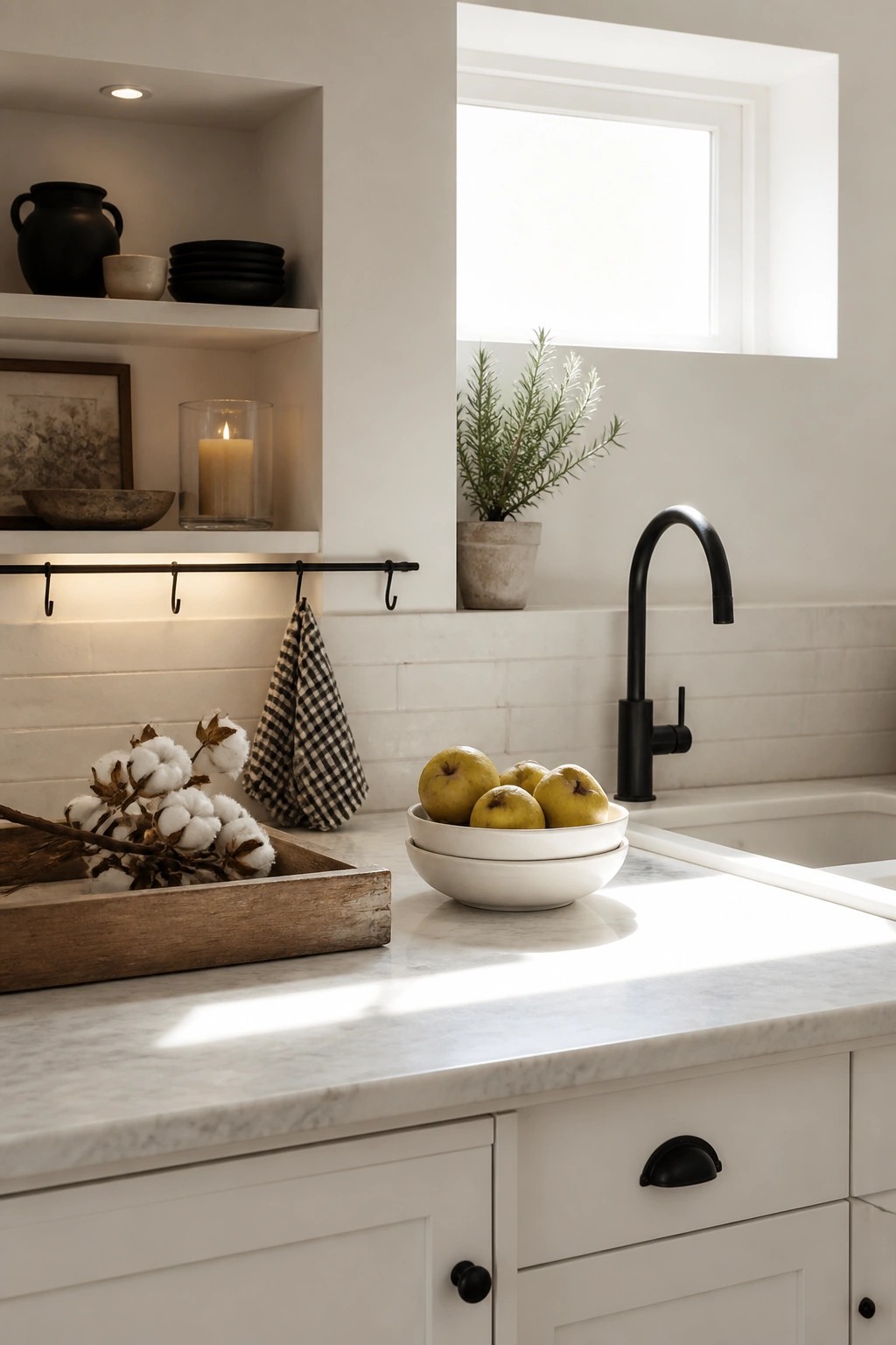 A bright kitchen counter with white cabinets, a wooden tray of cotton stems, bowls of green apples, a black faucet, and open shelves holding pottery and a candle.