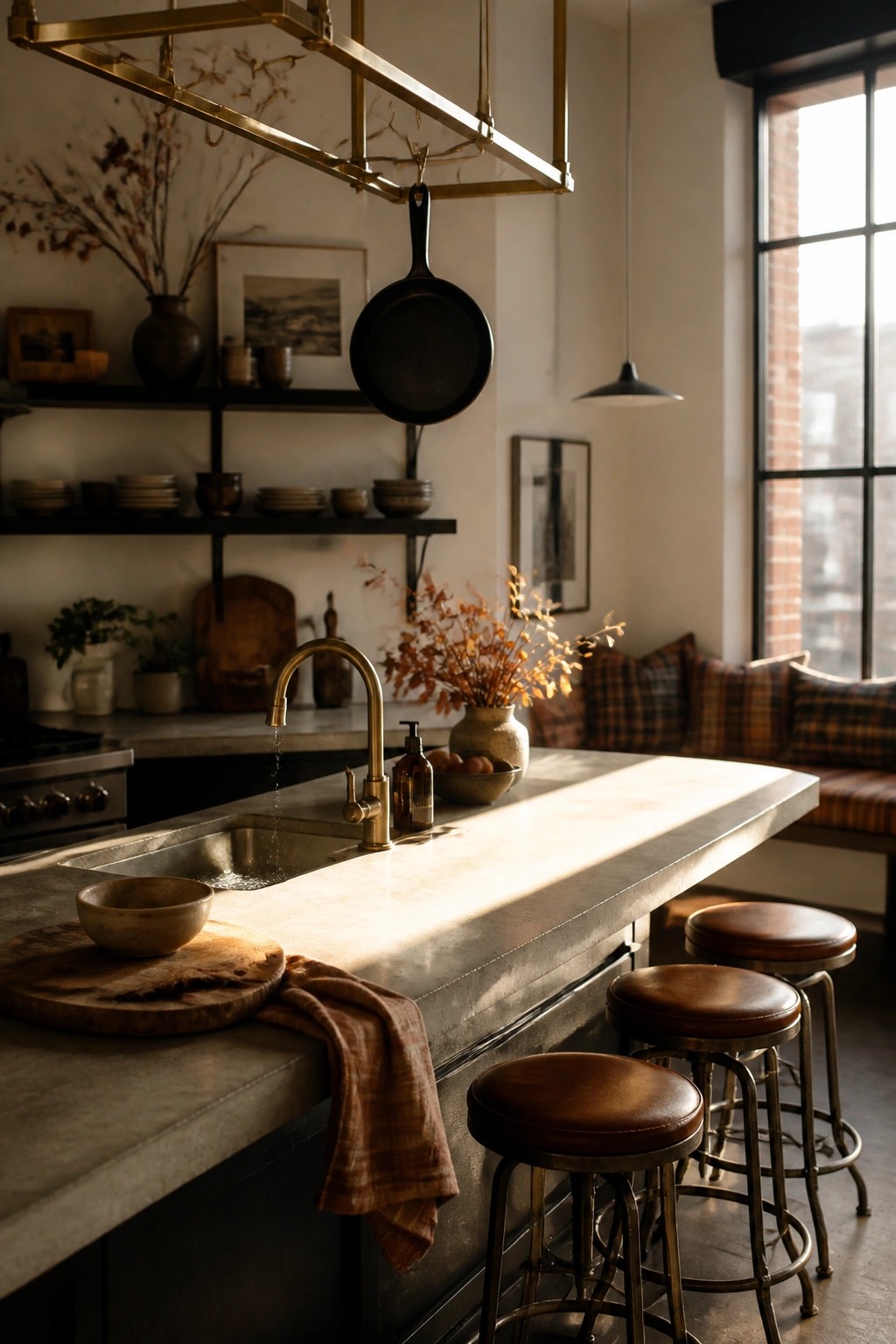 A modern kitchen with a concrete island, brown leather stools, open black shelves, a brass faucet, and dried orange branches in a vase on the counter.