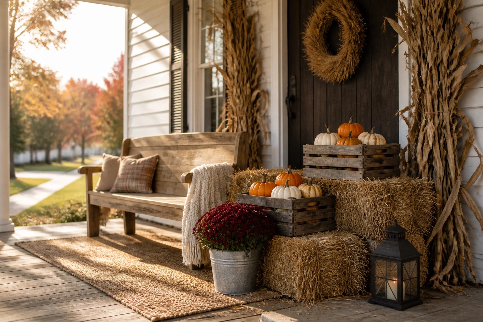 A wooden bench on a front porch with hay bales, wooden crates of pumpkins, corn stalks, a wreath on the door, and a potted red mum beside a lantern.