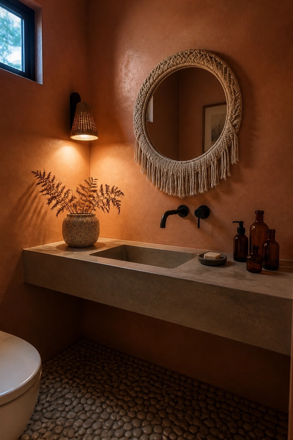 A bathroom interior featuring a floating concrete sink vanity on a terracotta textured wall, a round mirror with macrame fringe, a woven wall sconce, and a pebble stone floor.