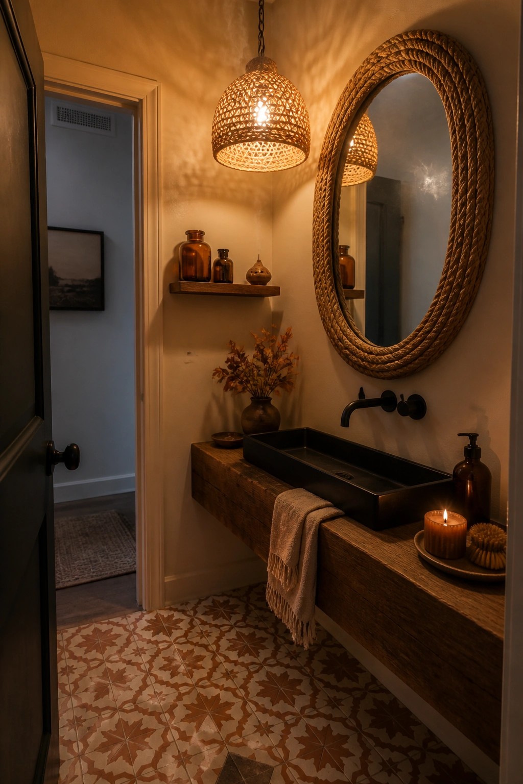 Rustic bathroom with wooden vanity, black sink, rope-framed mirror, and patterned tile floor.