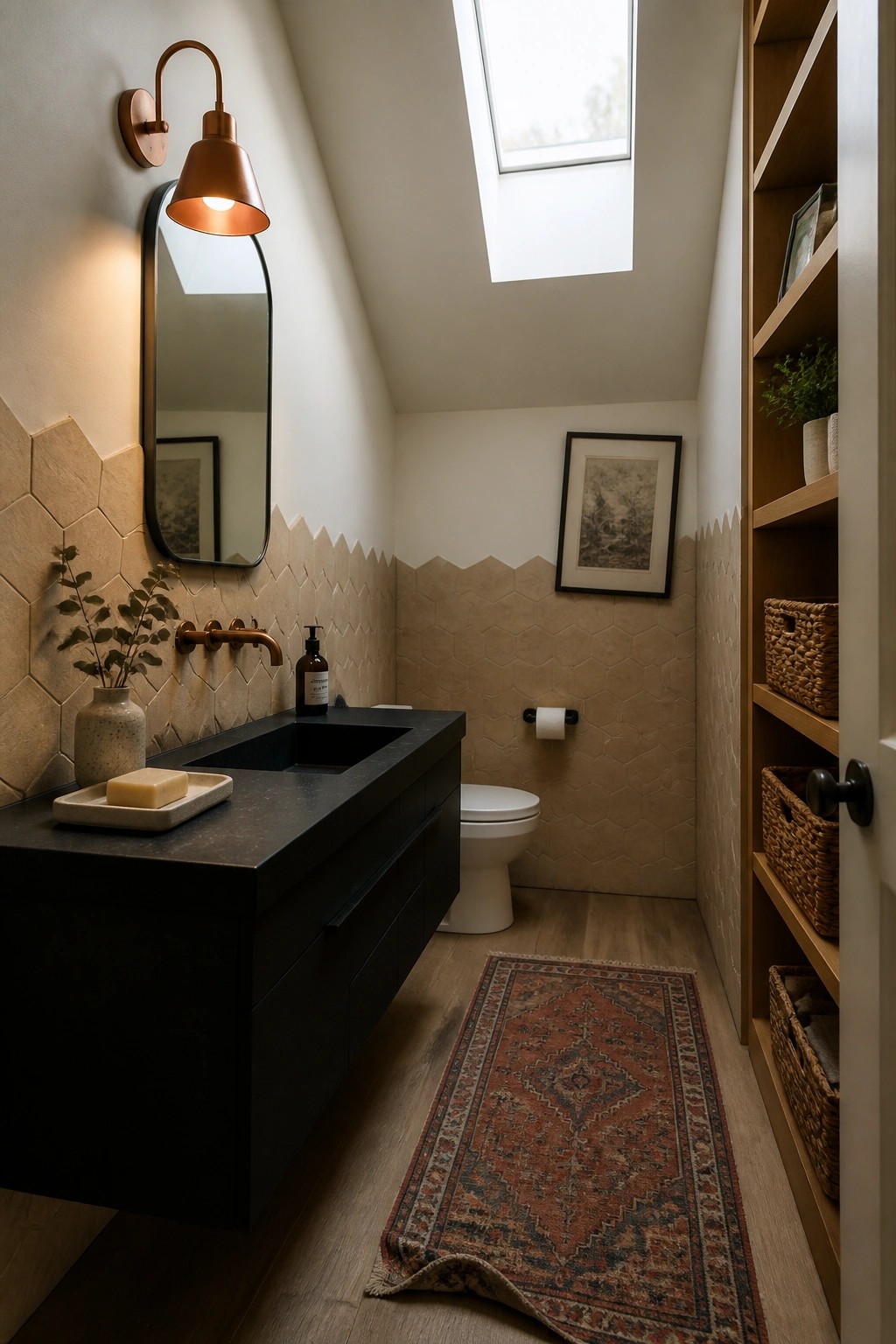 Narrow bathroom interior with black floating vanity, hexagonal beige tiles, white toilet, skylight, and tall wooden built-in shelving with baskets on the right wall.