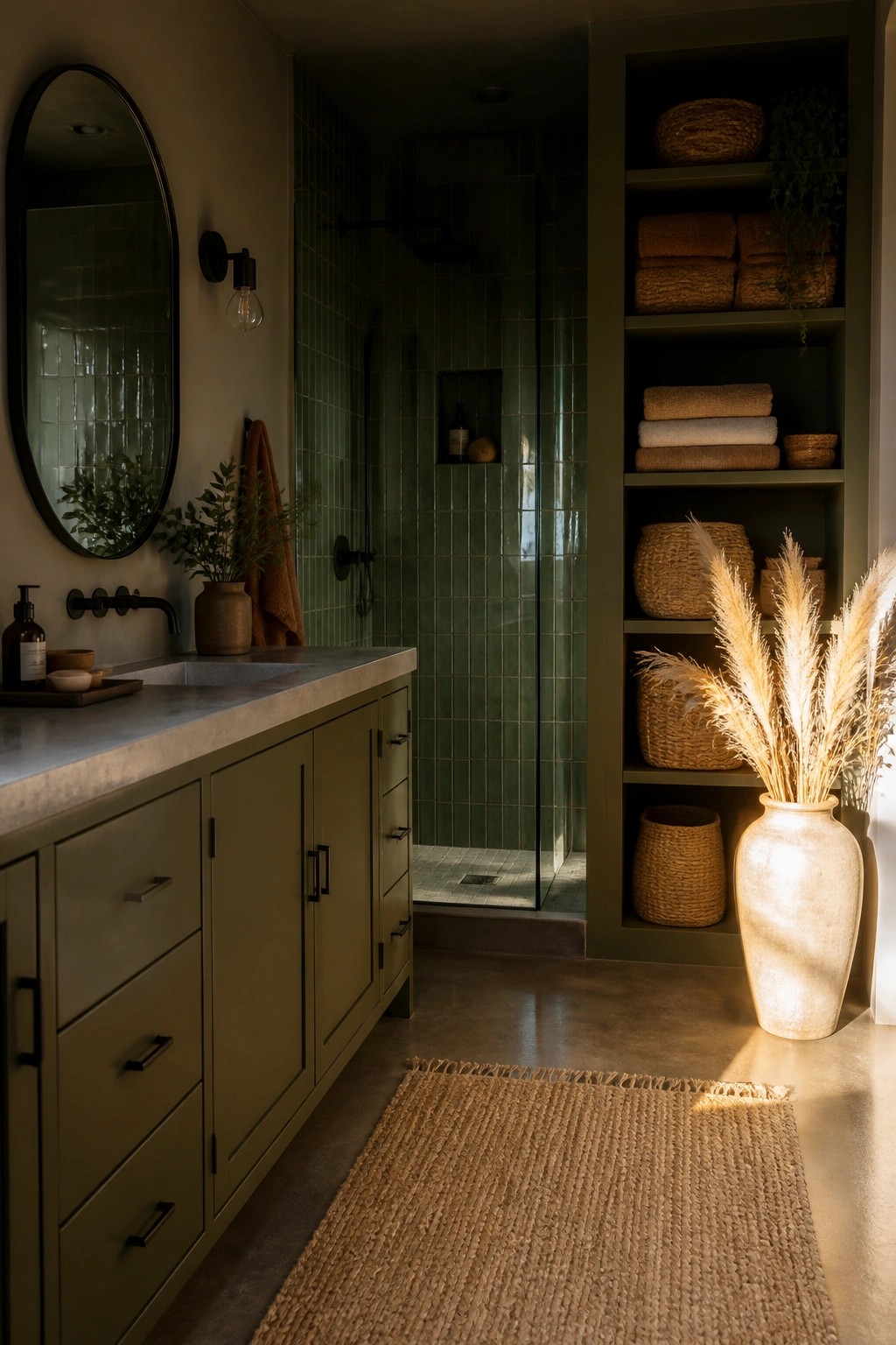 A bathroom interior with green tiled shower, olive green vanity, and tall built-in open shelving holding woven baskets and folded towels.