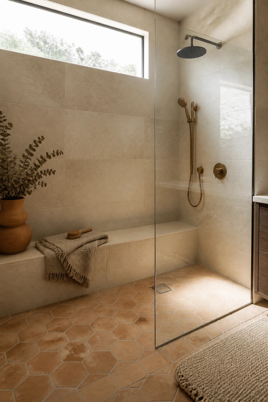 A walk-in shower with beige wall tiles, terracotta hex floor tiles, a glass door, and a built-in bench holding a folded towel and wooden brush.