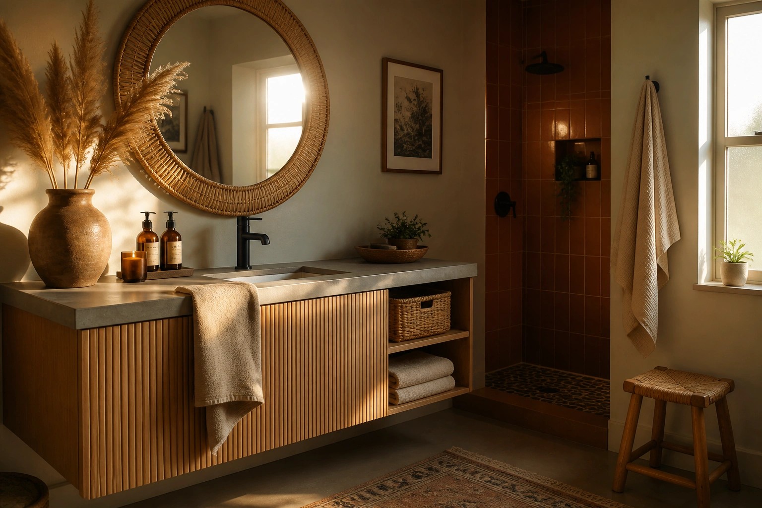 A bathroom interior featuring a floating wood vanity with reeded doors, concrete countertop, round rattan mirror, black faucet, woven baskets, folded towels, and a terracotta tiled shower area.