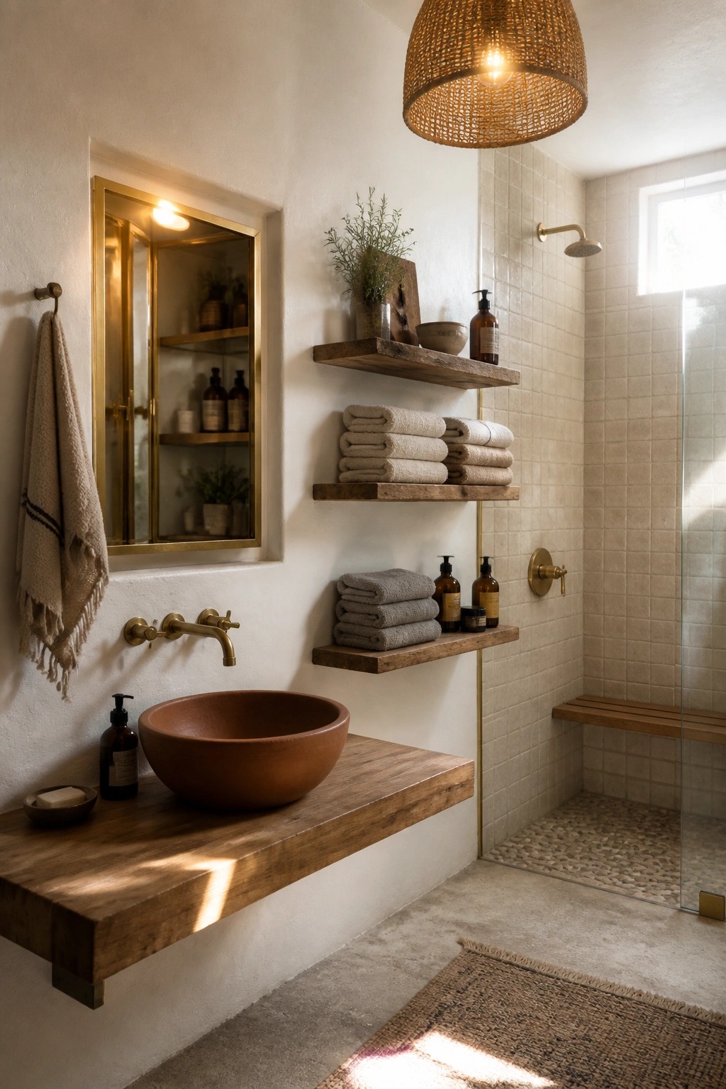 A bathroom interior showing a terracotta vessel sink on a wooden floating counter, multiple reclaimed wood shelves holding folded towels and amber bottles, a brass-framed mirror, and a woven pendant light.
