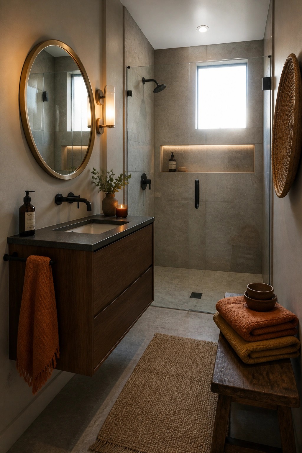 A modern bathroom featuring a floating wood vanity with a dark countertop, round mirror, glass shower enclosure, and stacks of orange and mustard towels on a wooden stool beside a woven rug.