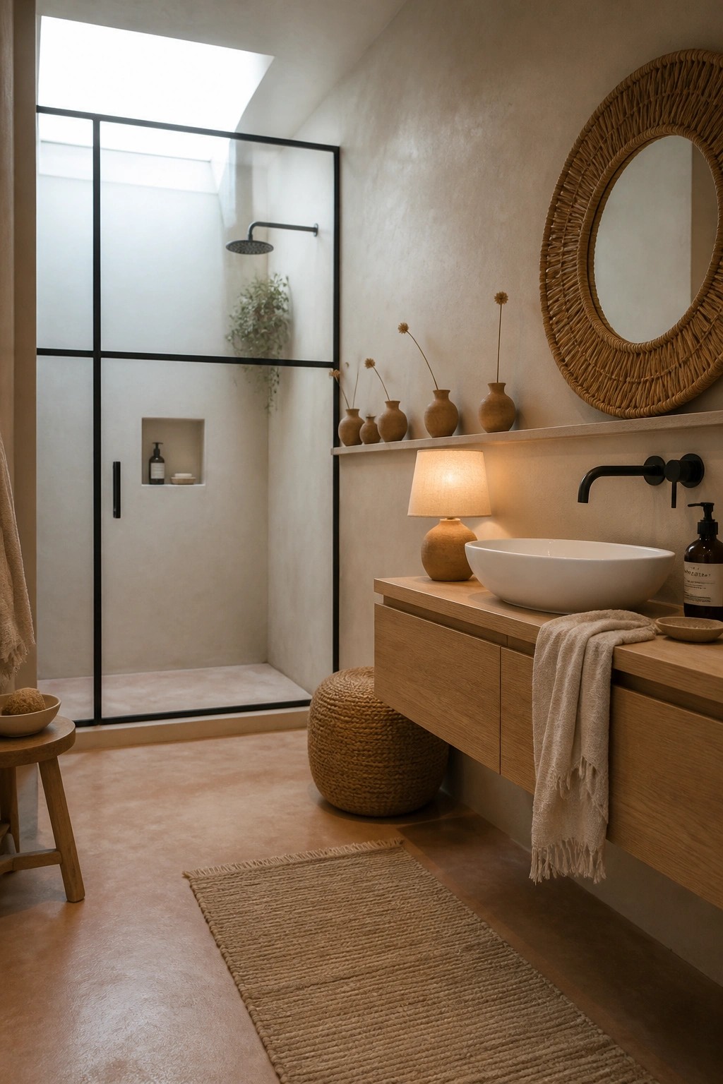 A bathroom featuring a floating light wood vanity with a white vessel sink, black faucet, round woven mirror, table lamp, and a glass-enclosed shower in the background.
