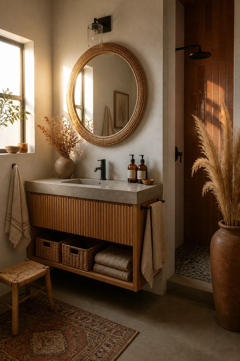 A bathroom interior featuring a floating wood vanity with reeded doors, concrete countertop, round rattan mirror, black faucet, woven baskets, folded towels, and a terracotta tiled shower area.