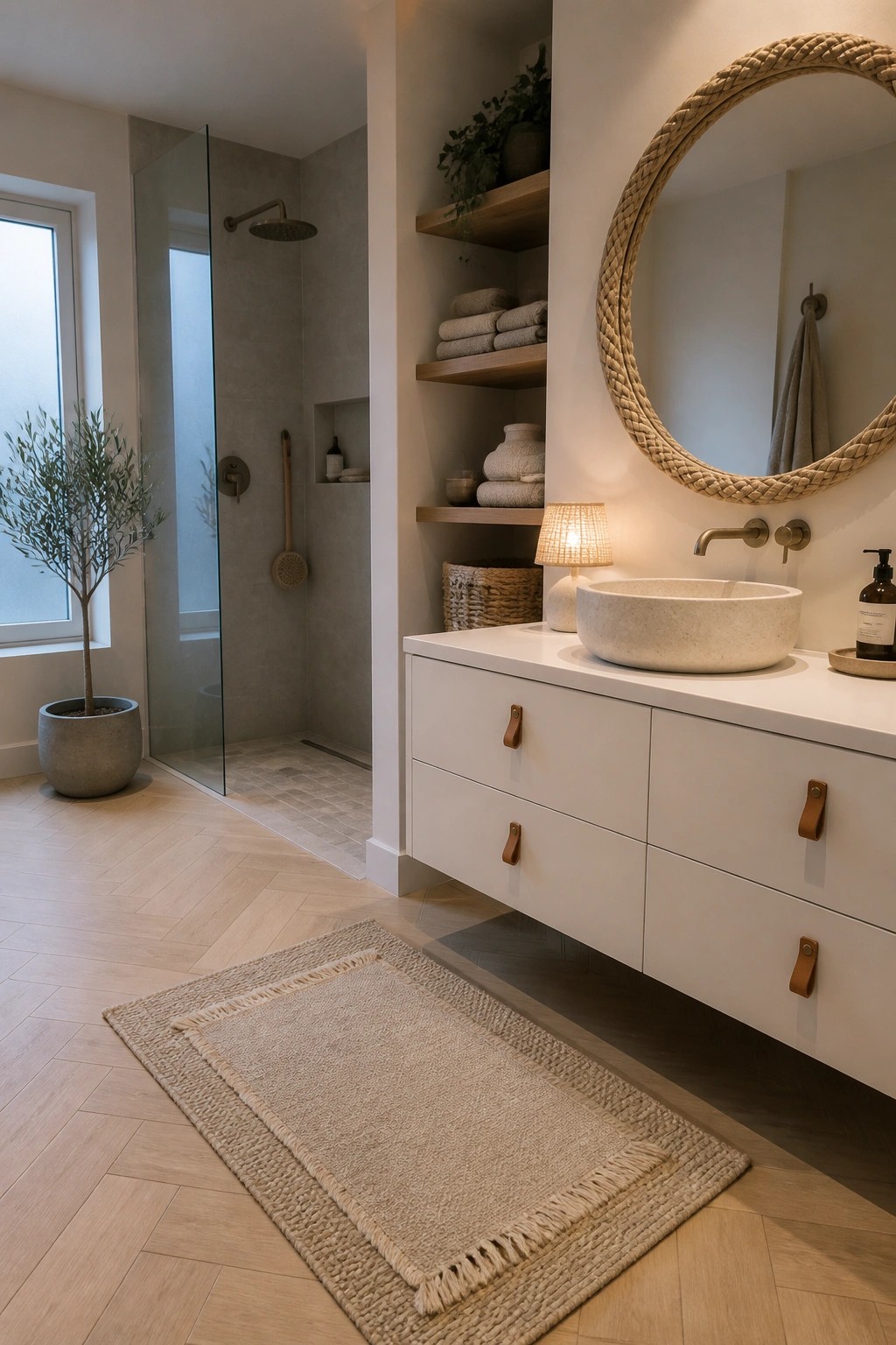 Modern bathroom with white vanity, stone vessel sink, round rope mirror, and woven rug