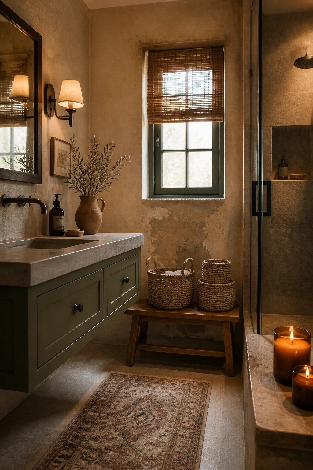 A bathroom interior featuring a green floating vanity with stone countertop, woven baskets on a wooden bench beneath a window with bamboo shade, and lit candles on a stone ledge.