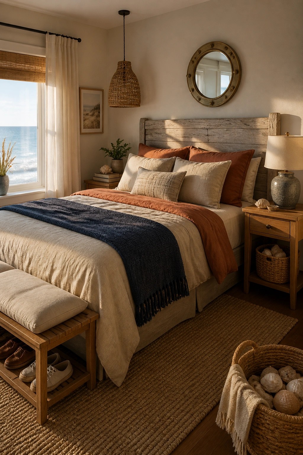 Coastal bedroom with wooden bed, rust pillows, navy throw, and ocean view.