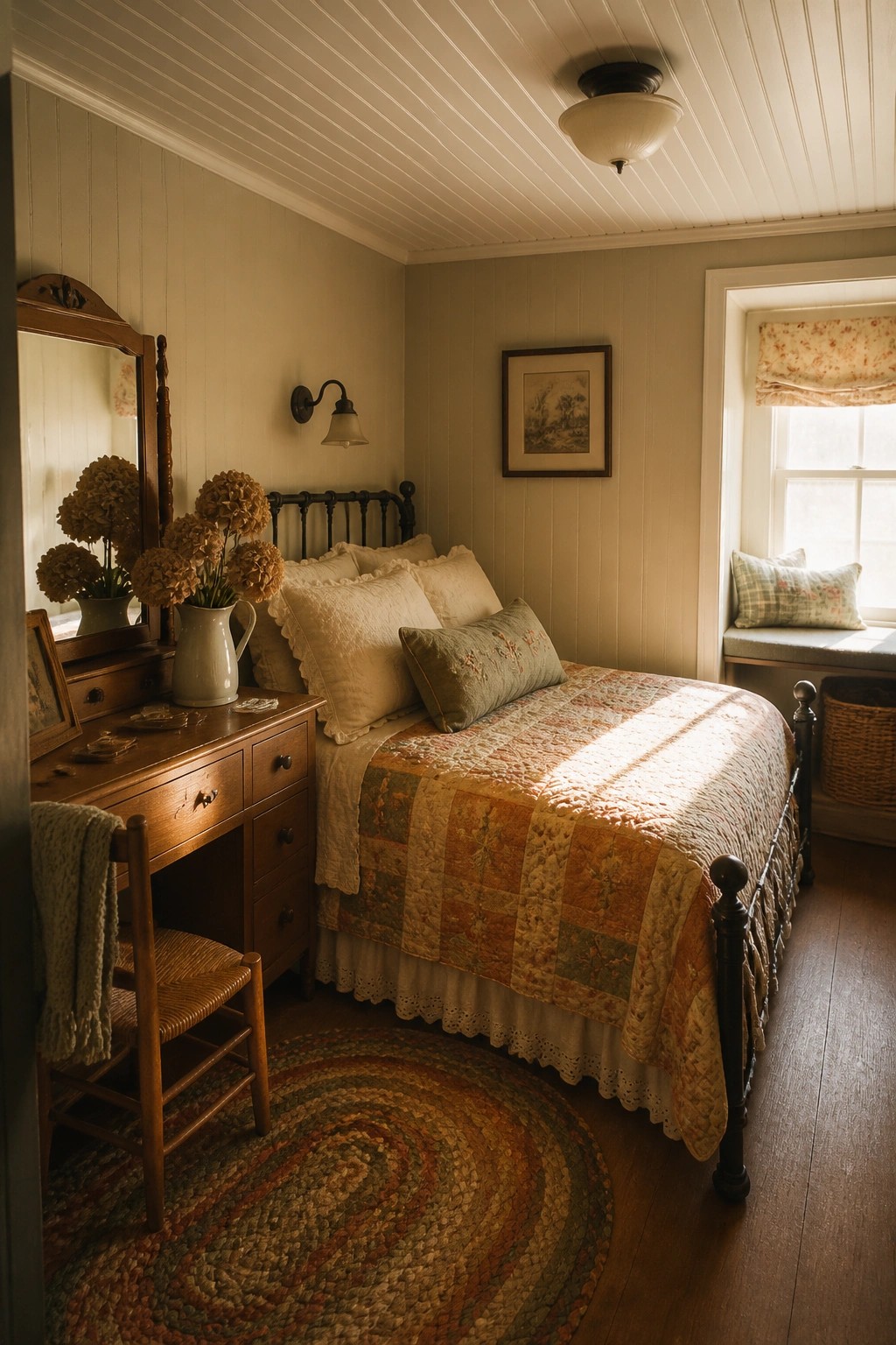 A small bedroom featuring a black metal bed with a patchwork quilt, a wooden dresser with mirror and dried flowers, a woven chair, and a large round multicolored braided rug on the floor.