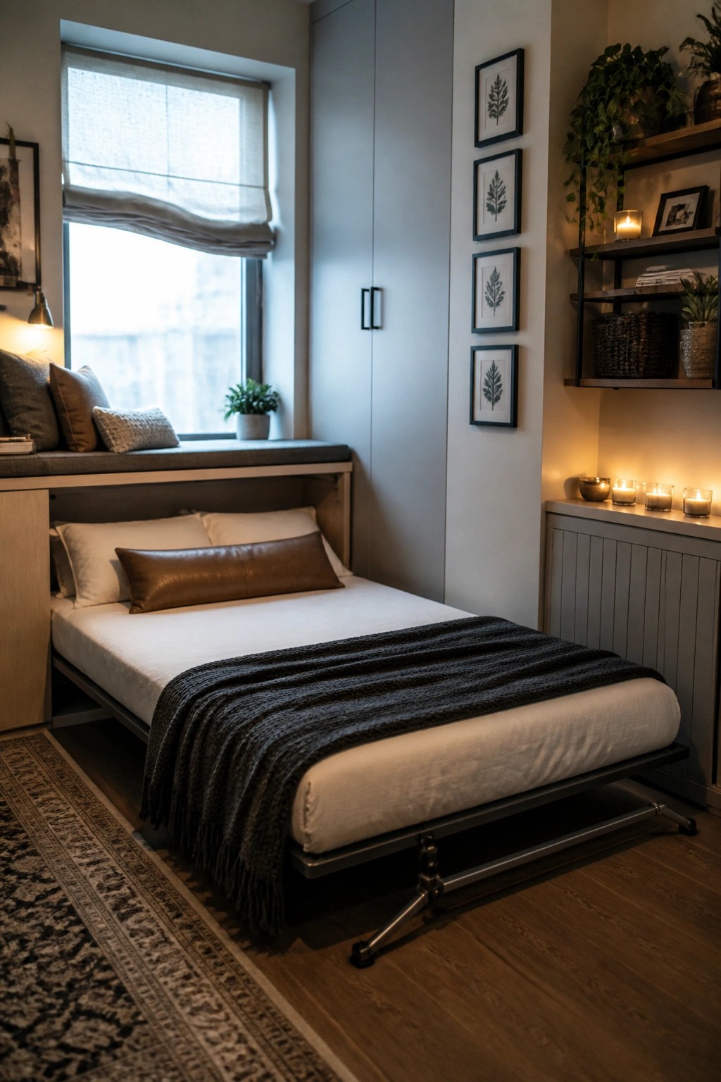 A small bedroom with a low bed under a window that has a built-in cushioned ledge, white bedding, a dark throw, and wall art on the side wall.
