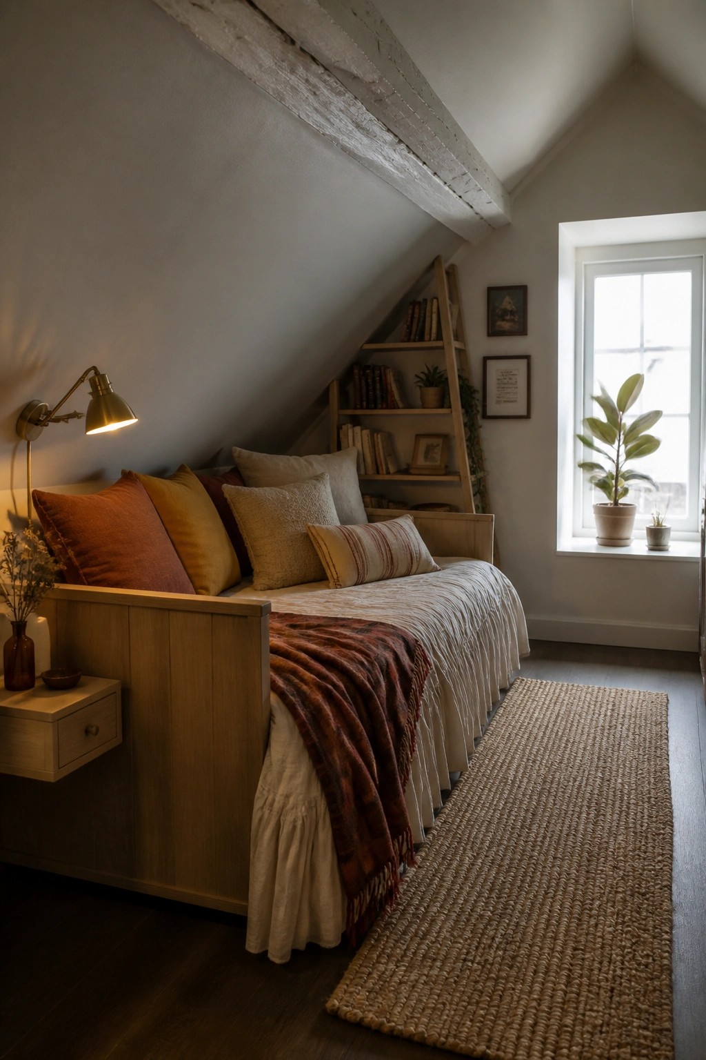 A small attic bedroom with a wooden built-in daybed under a sloped ceiling, layered with pillows and blankets, a wall-mounted lamp, and a woven rug on the floor.