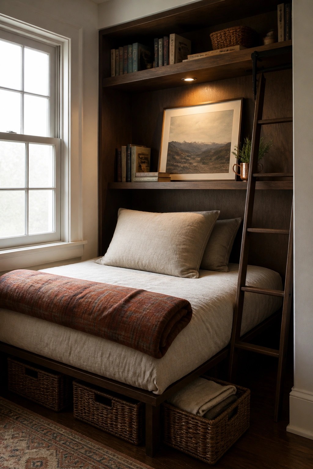 A small bedroom with a bed built into a dark wood alcove with overhead shelves, a side ladder, and wicker baskets stored underneath the bed frame.