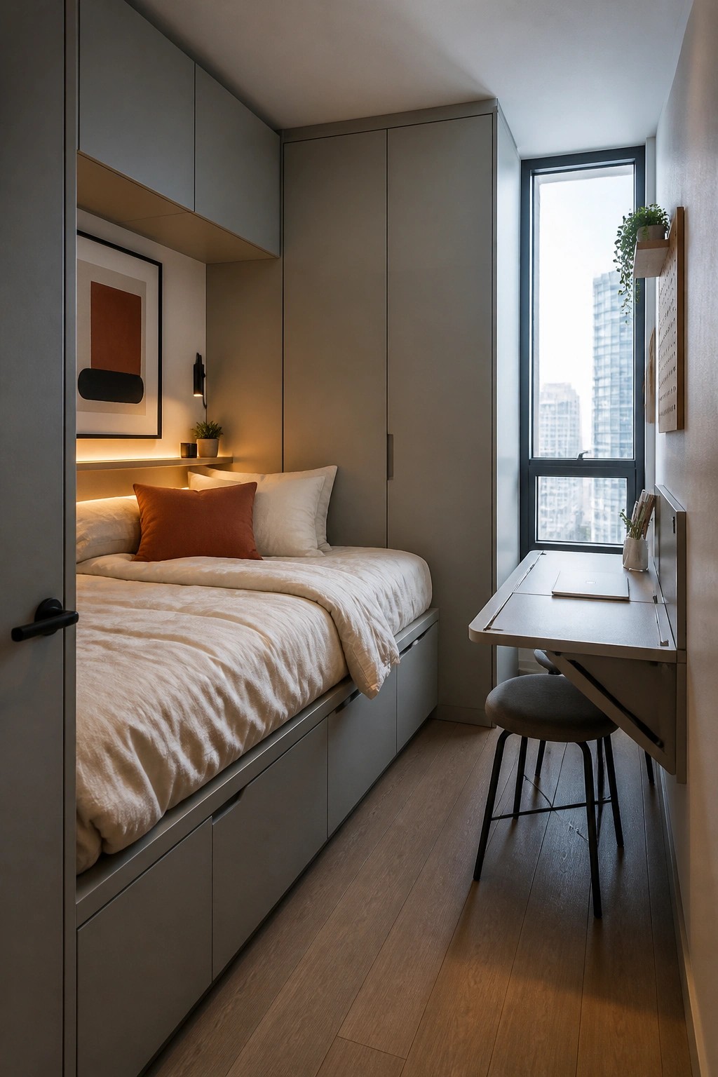 A narrow bedroom with a built-in bed that has storage drawers underneath, white and rust bedding, a wall-mounted fold-down desk with stool, and a tall window on the right.
