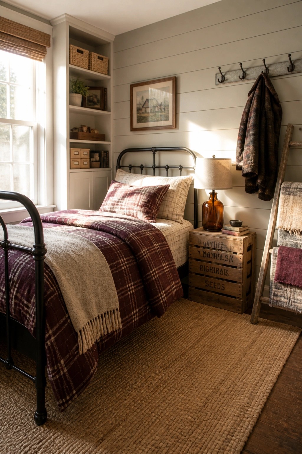A small bedroom with a black metal bed, plaid bedding, built-in white shelves filled with baskets and books, a wooden crate used as a nightstand, and wall hooks holding blankets.