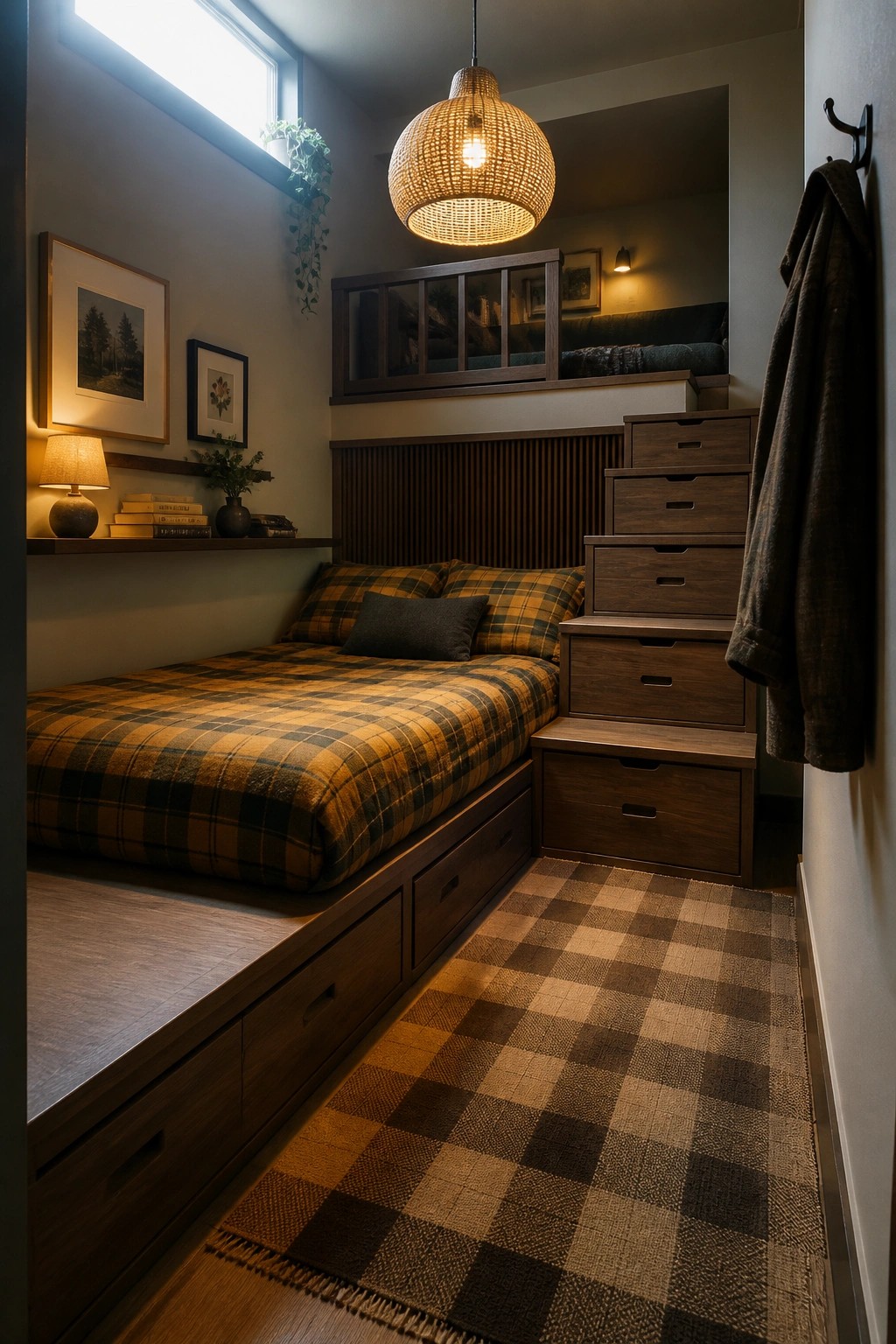 A compact bedroom featuring a plaid bed with under-bed drawers, wooden steps with multiple drawers leading to a loft bed, and a checkered rug on the floor.