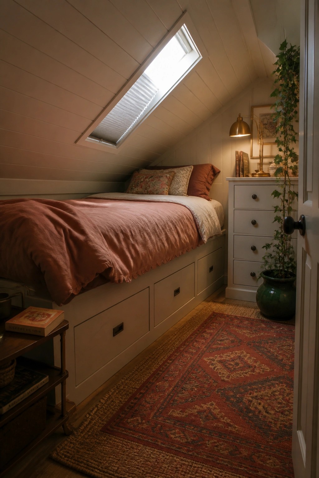 A small attic bedroom with a built-in bed that has storage drawers underneath, a skylight on the slanted ceiling, and a red patterned rug on the floor.