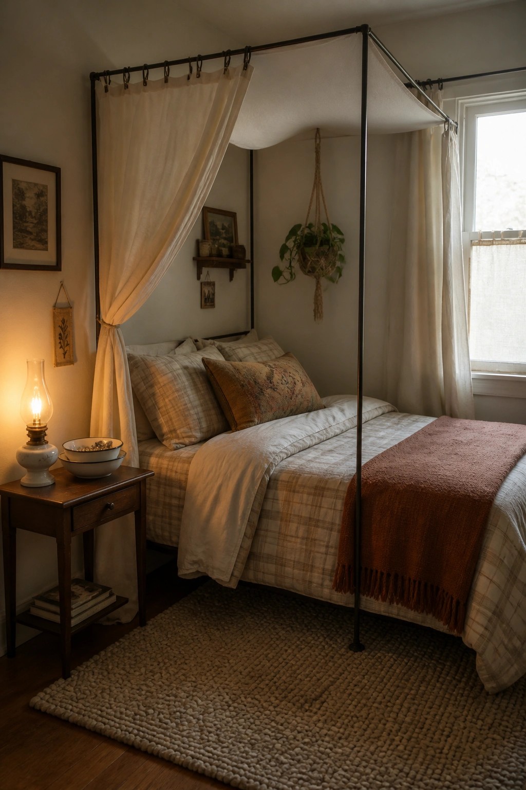 A small bedroom with a black metal canopy bed draped in white fabric, plaid bedding, a wooden nightstand holding a lit oil lamp, and a woven rug on the floor.