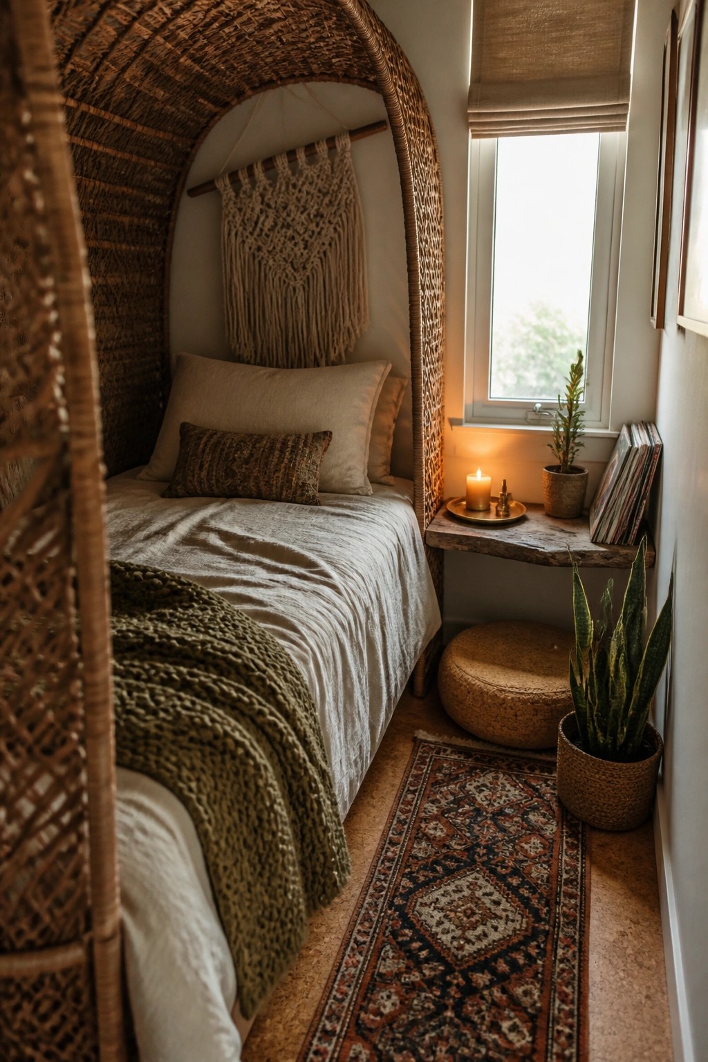 A bed is placed inside a large woven arched alcove in a small bedroom, with a macrame wall hanging above and a window to the right.