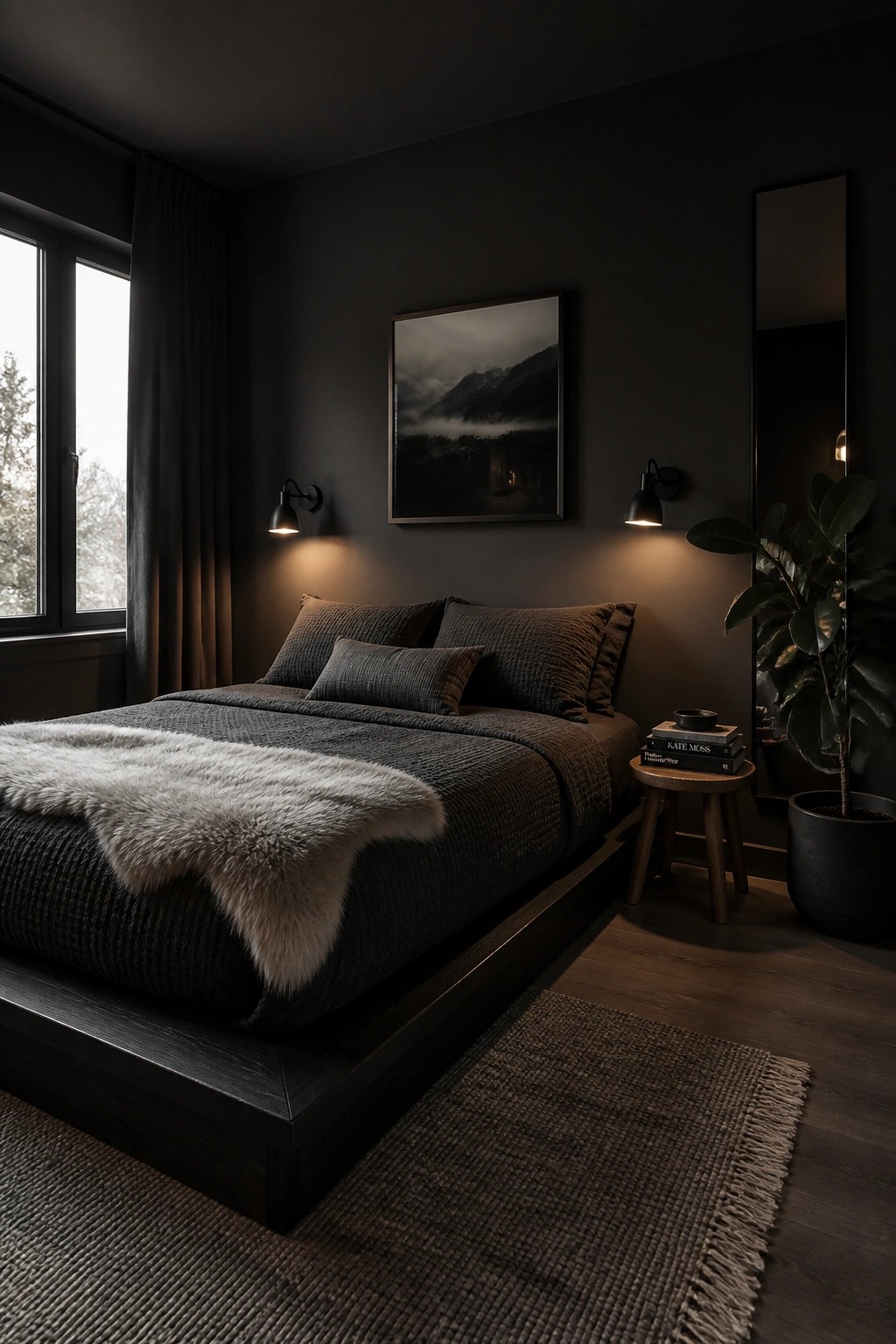 A small dark bedroom featuring a low platform bed with textured dark bedding and a light fur throw, two wall sconces, and a large framed landscape photo above the bed.