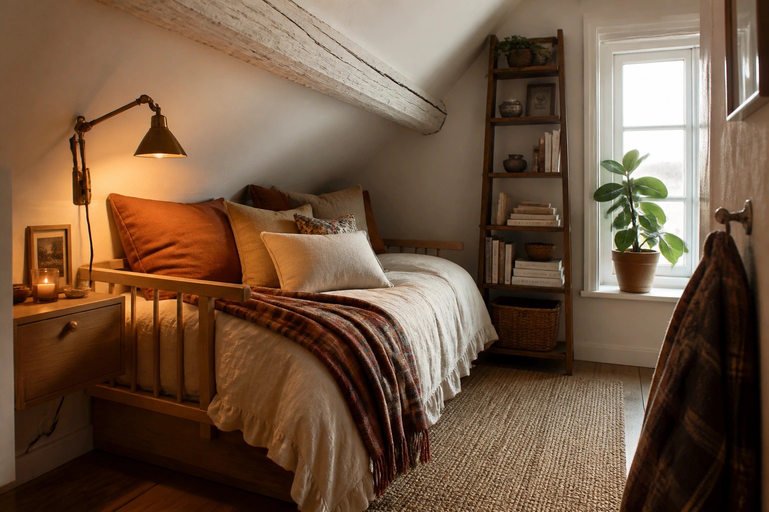 A small attic bedroom with a wooden built-in daybed under a sloped ceiling, layered with pillows and blankets, a wall-mounted lamp, and a woven rug on the floor.