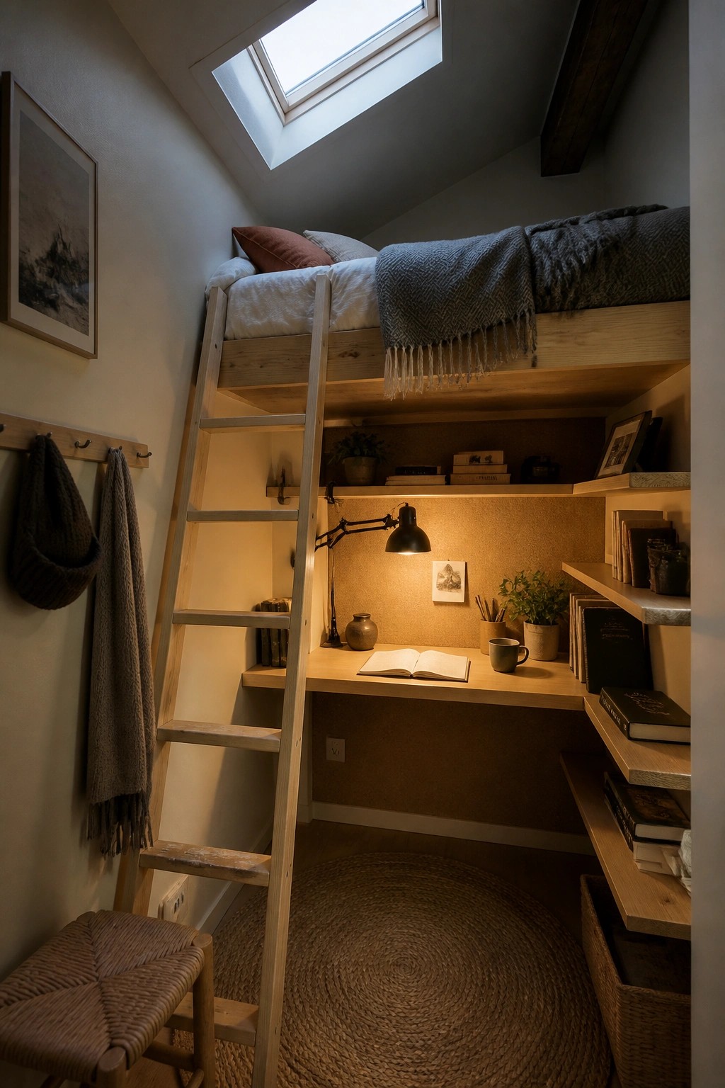 A small attic bedroom featuring a wooden loft bed above a built-in desk area with bookshelves, a lamp, and an open book on the desk.