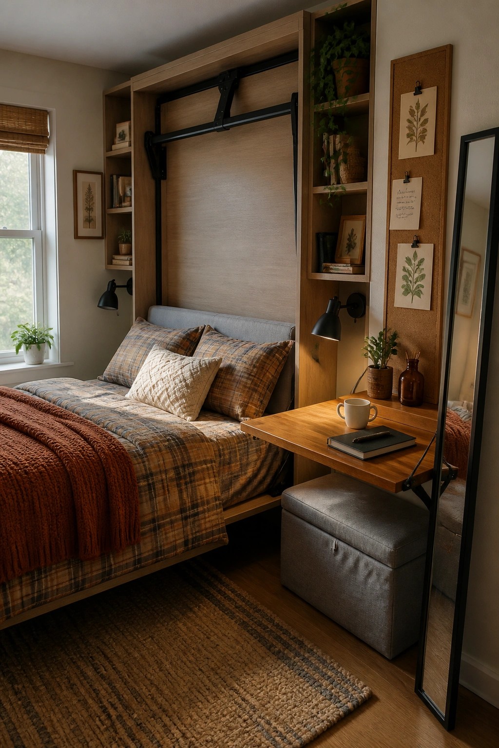 A compact bedroom with a Murphy bed folded down, featuring plaid bedding, wooden built-in shelves, a fold-down desk, and a full-length mirror on the right wall.