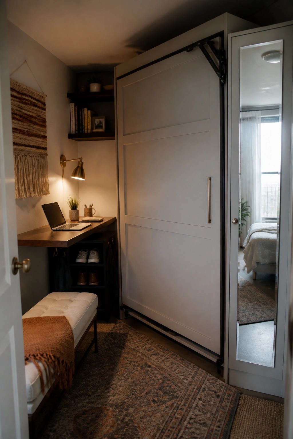 A compact bedroom featuring a white sliding barn door closet, a small wooden desk with a laptop, and a white bench against the wall.