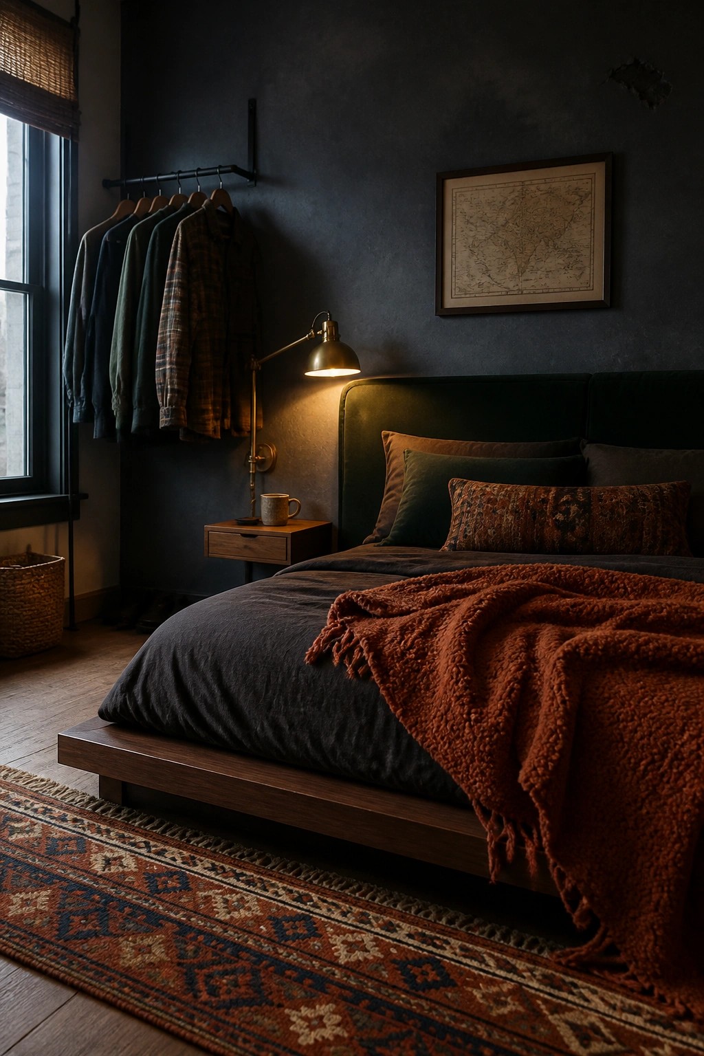 Dark bedroom with green headboard, rust blanket, hanging clothes, and wall lamp