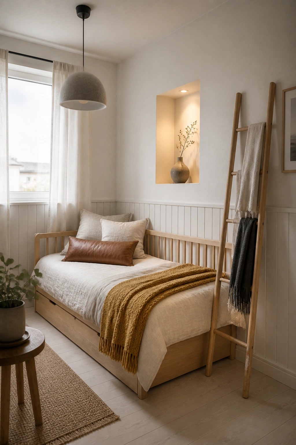 A small bedroom featuring a light wood bed with under-bed storage drawers, a mustard throw, a wooden ladder holding blankets, and a recessed wall niche with a vase.