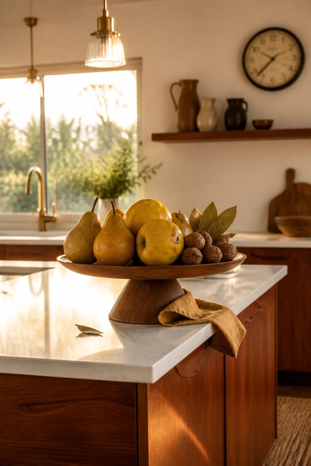 A wooden pedestal bowl holding pears, apples, walnuts, and bay leaves rests on a white marble kitchen island.