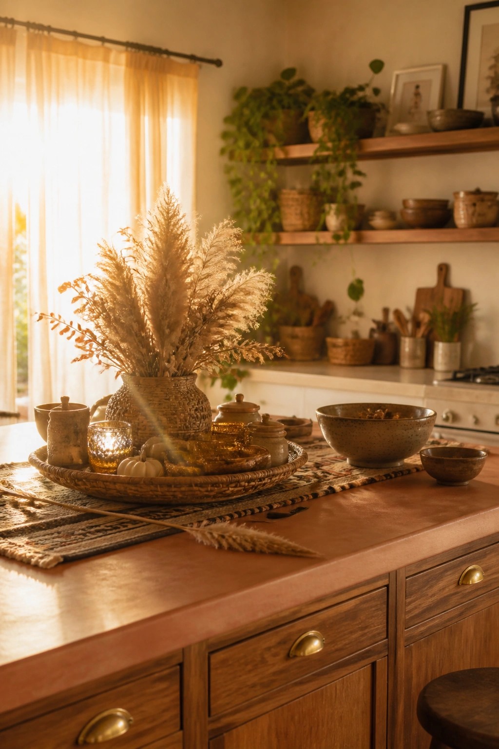 A kitchen island topped with a large woven tray holding a vase of pampas grass, small white pumpkins, and glass candle holders, set against wooden cabinets and open shelves with plants.
