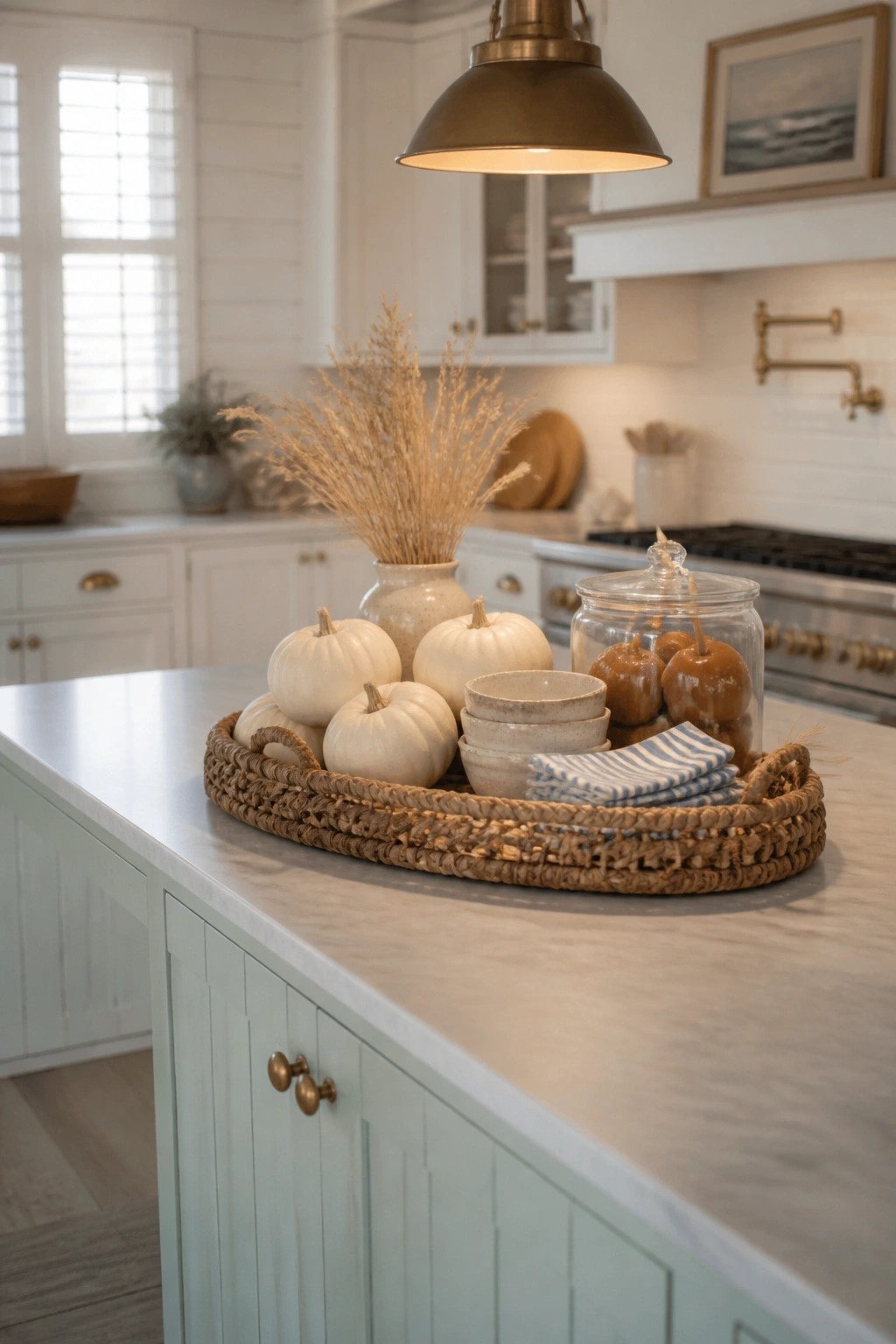 A kitchen island topped with a woven tray holding white pumpkins, a vase of dried grass, stacked bowls, and a glass jar on a marble countertop.