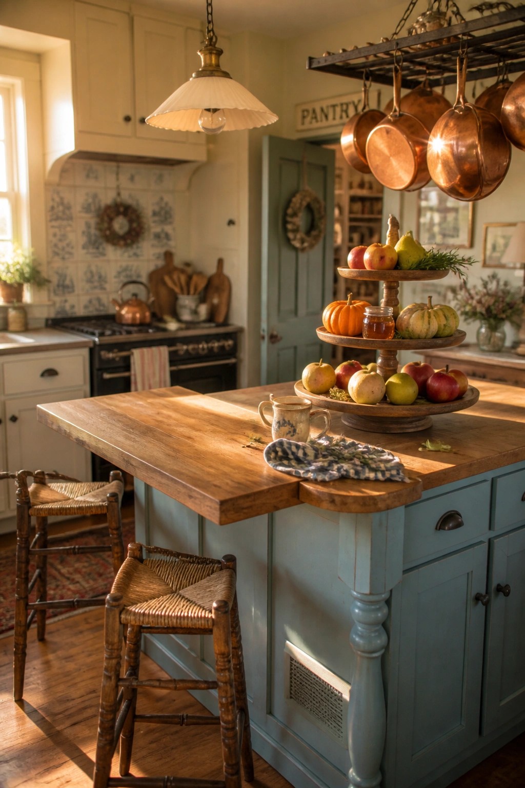 A wooden kitchen island holds a two-tier stand filled with apples, pumpkins, and gourds as a fall centerpiece.