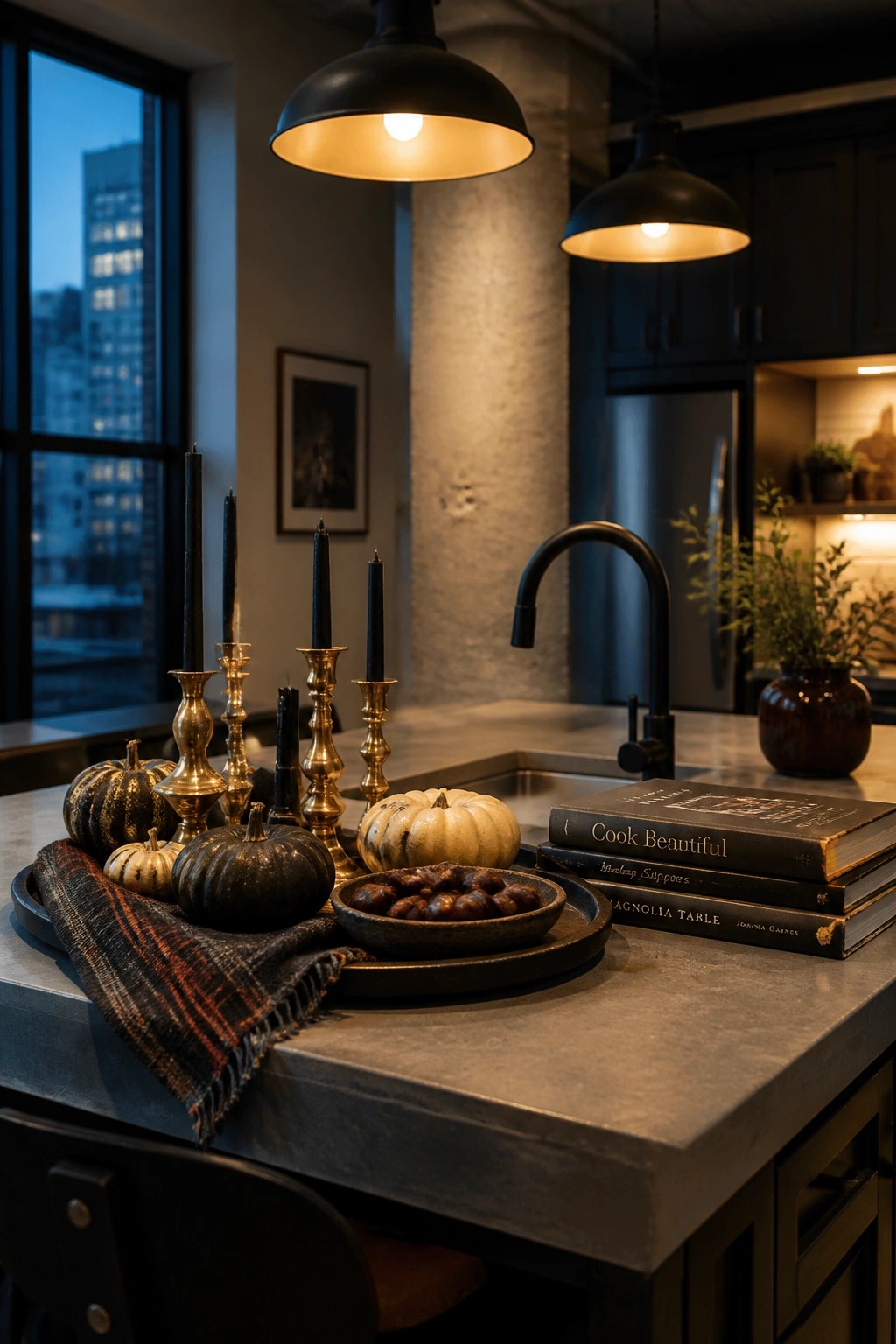 A kitchen island with a dark tray holding small pumpkins, black taper candles in brass holders, a bowl of chestnuts, a plaid cloth, and stacked cookbooks on a gray countertop.