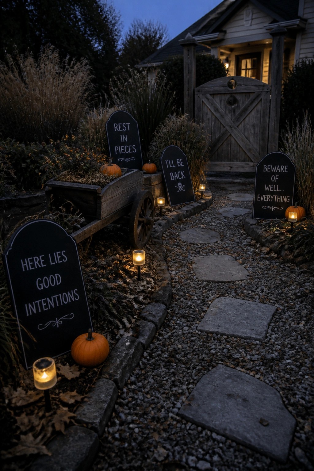 A stone and gravel garden path lined with black tombstone signs, small pumpkins, and lit candles leading toward a wooden gate.