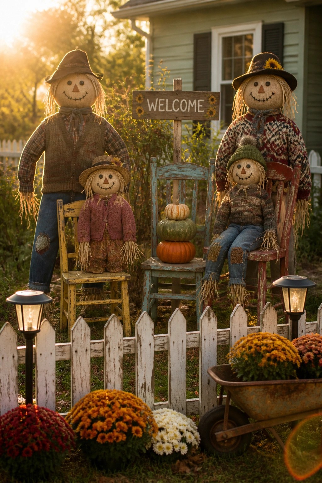 Three scarecrows of different sizes stand and sit among pumpkins, mums, and a welcome sign in a front yard with a white picket fence.