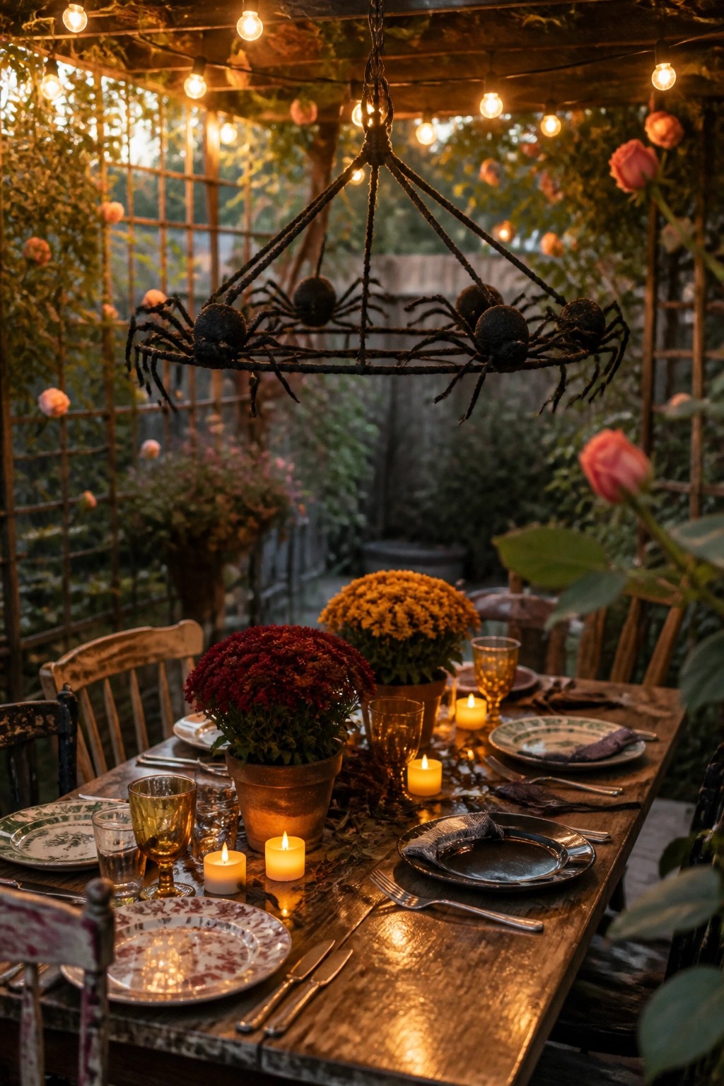 An outdoor wooden dining table set with plates, glasses, and candles beneath a large hanging spider chandelier made of rope and spheres, with string lights and potted flowers nearby.