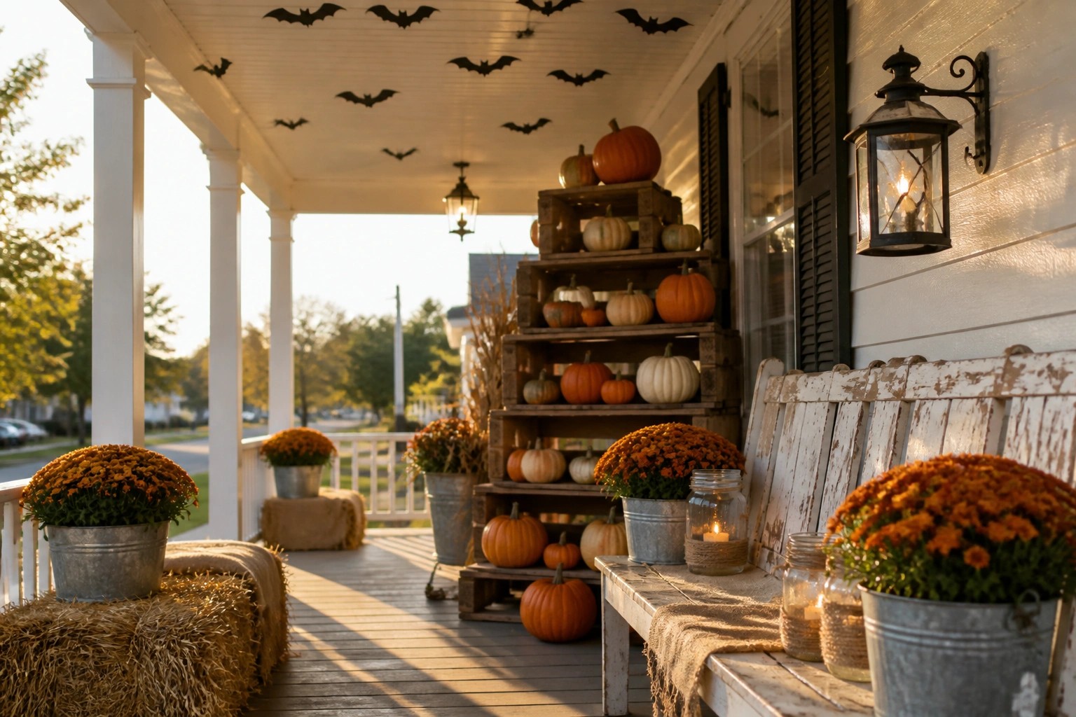 A front porch decorated for Halloween with orange and white pumpkins stacked on a wooden ladder, hay bales holding potted mums, a white bench, glass jar lanterns, and black paper bats on the ceiling.