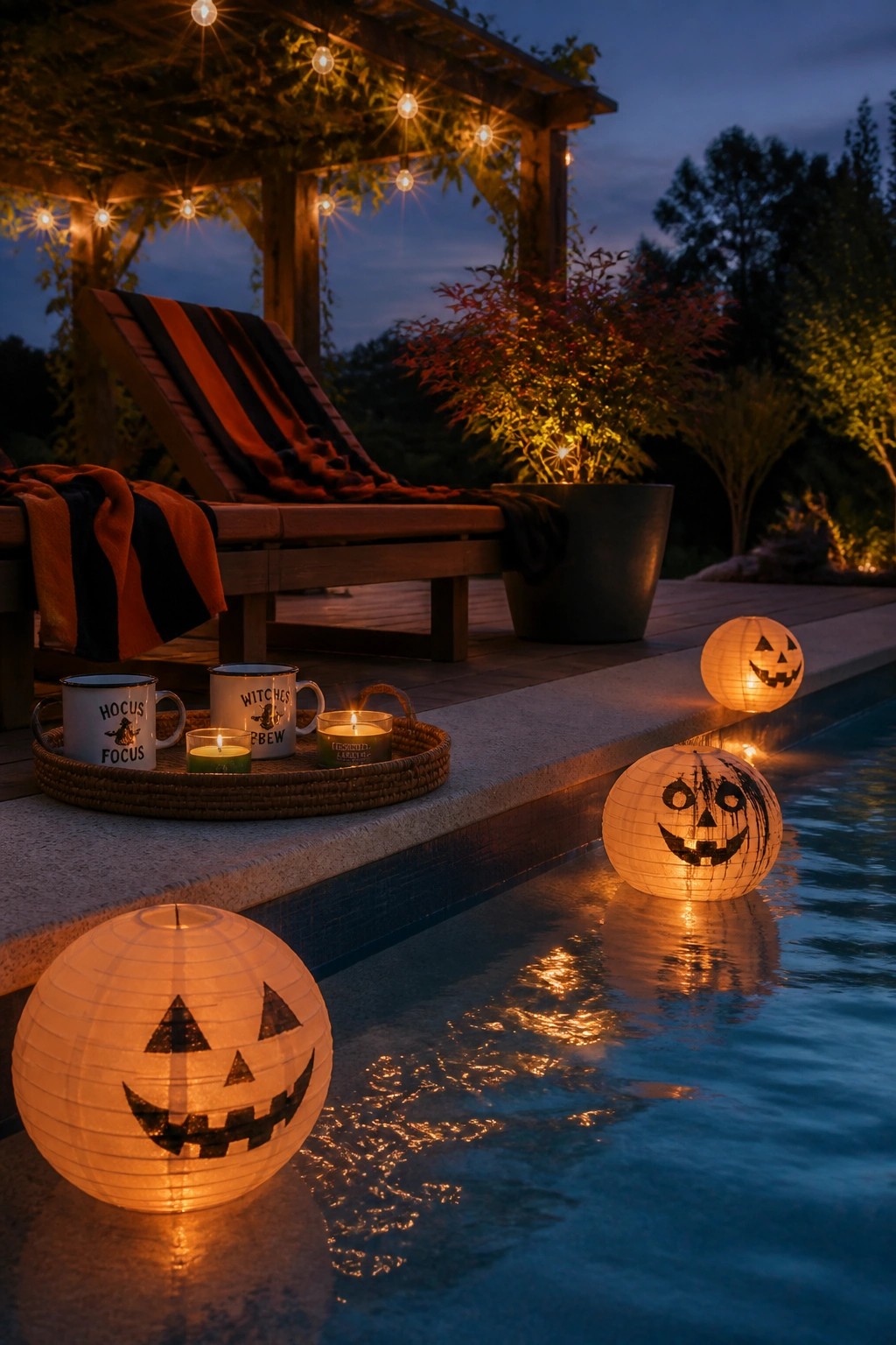 Jack-o'-lantern lanterns float in pool near striped lounge chair with witch mugs and candles