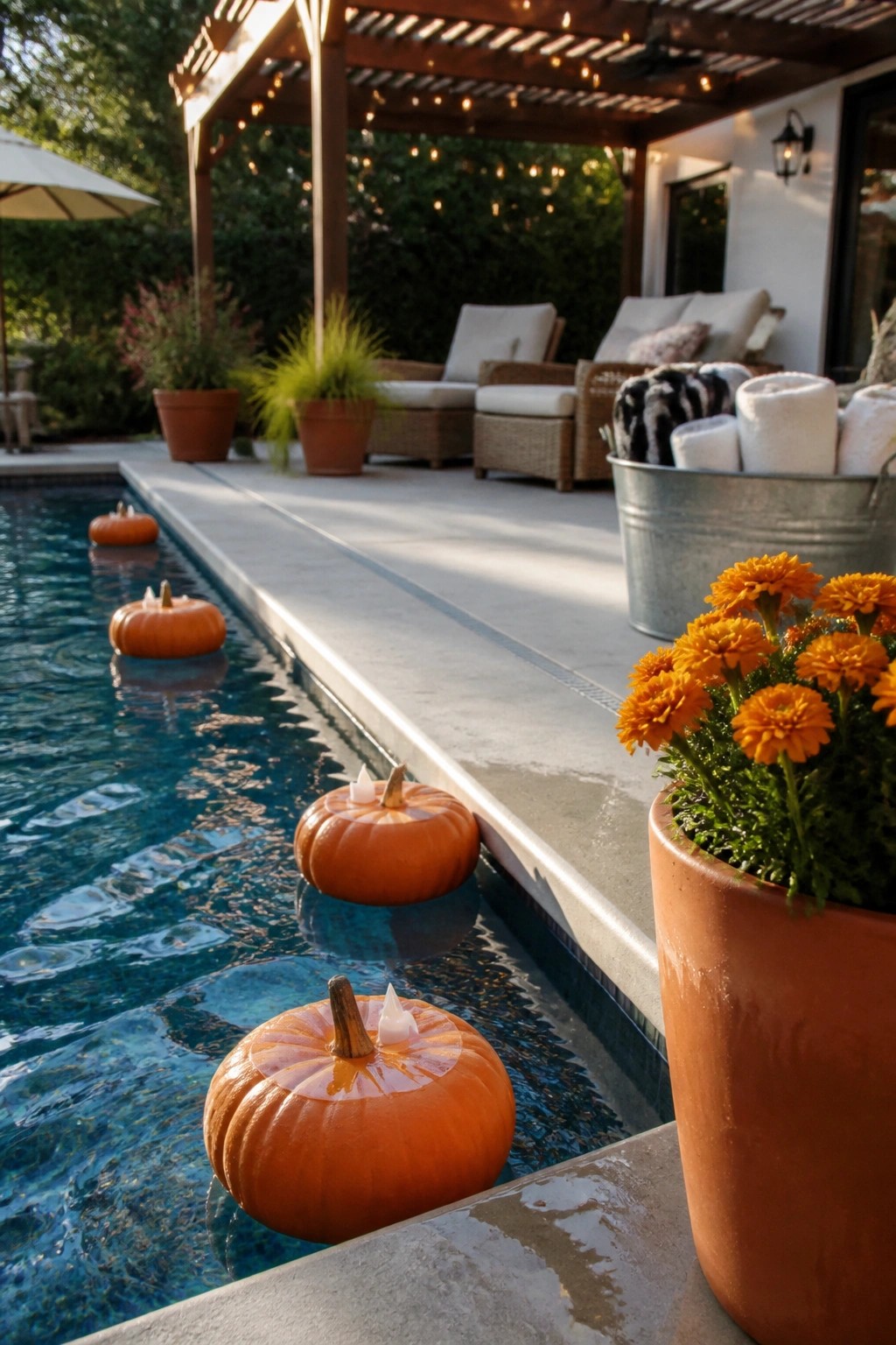 Several small orange pumpkins with candles floating in a backyard swimming pool next to a concrete patio.