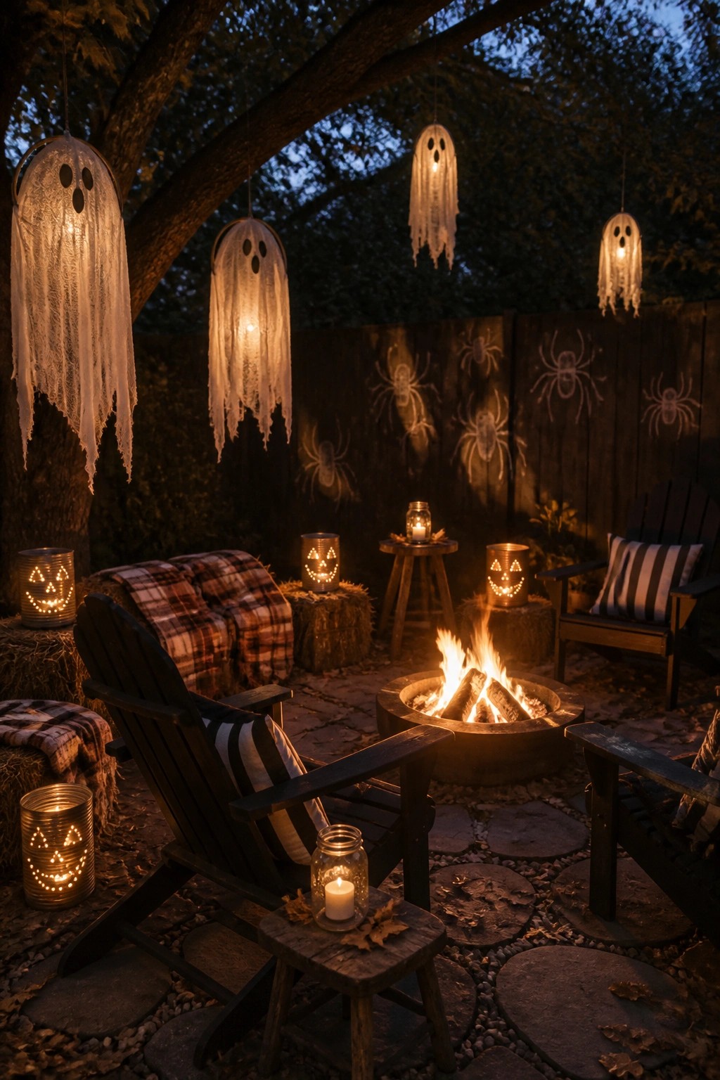 An outdoor fire pit seating area at night with several glowing ghost lanterns hanging from tree branches, pumpkin-faced tin cans, and spider decorations on a wooden fence.