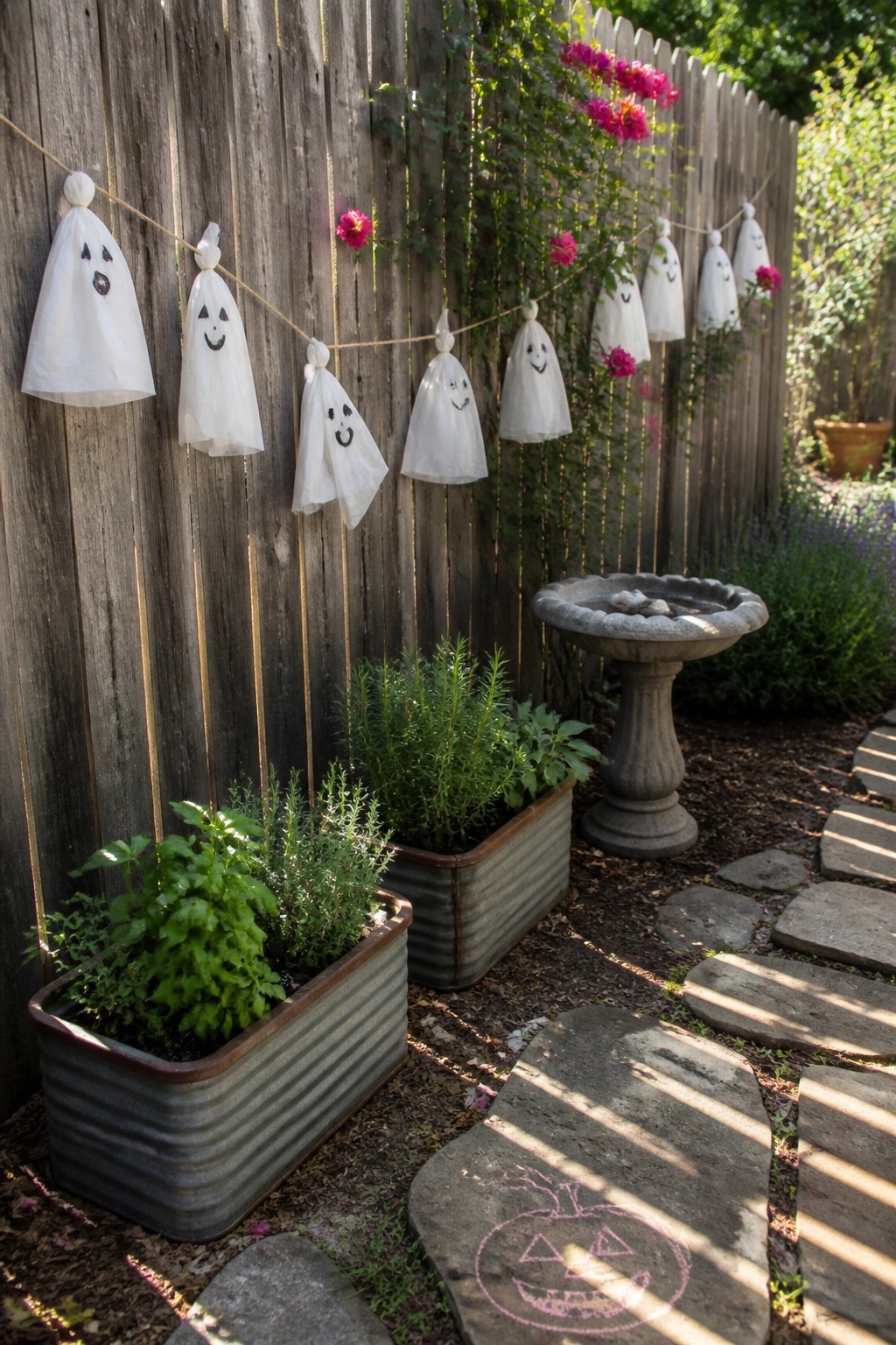 White ghost figures hanging from a string along a wooden fence in a garden with potted plants, a birdbath, and a stone path.