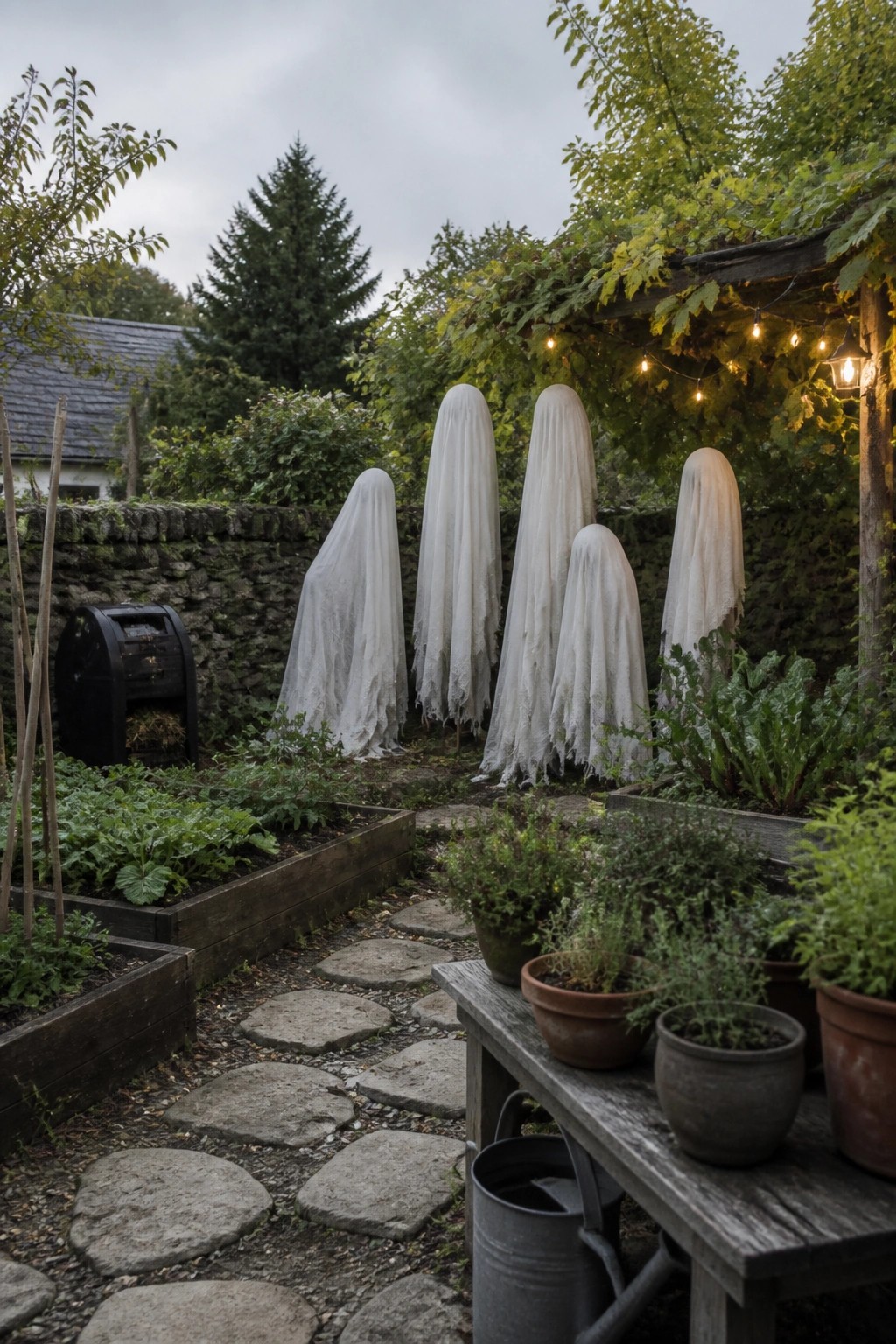 Ghostly white-sheet figures in lush garden with stone path and string lights.