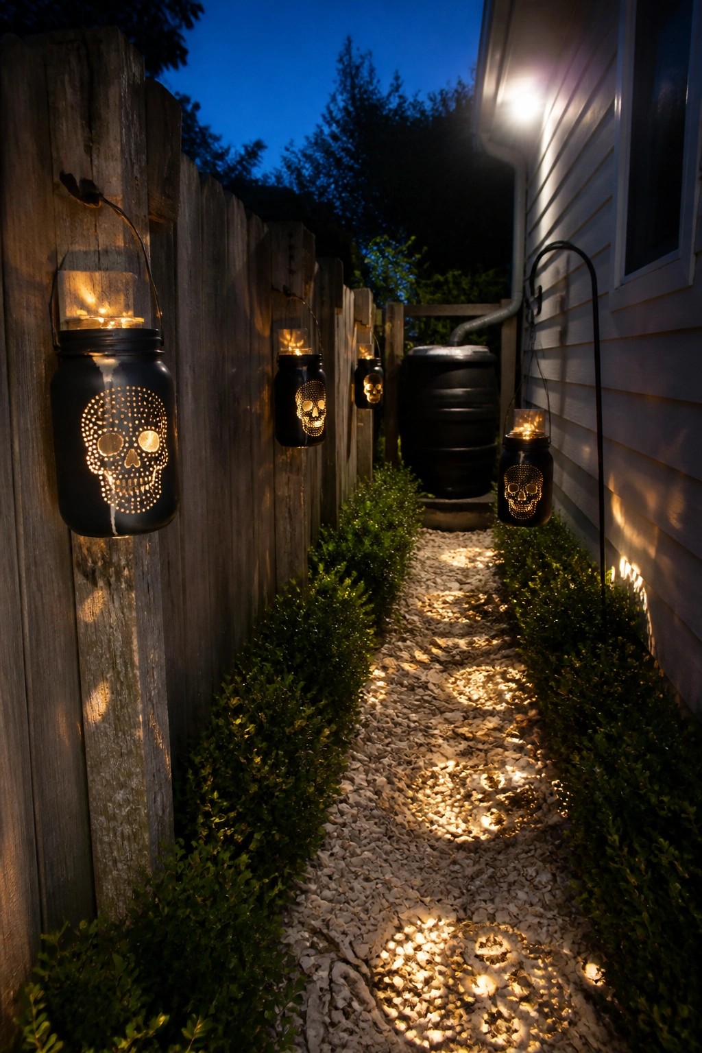 A gravel path runs between a wooden fence and house, lined with green bushes and black mason jar lanterns with skull designs hanging along both sides at dusk.